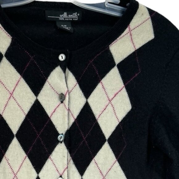 Willi Smith Vintage Y2K 100% Merino Wool Argyle Cardigan Sweater Preppy Minimal - Picture 7 of 15